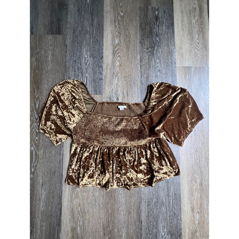 American Eagle Peplum Top Womens‎ Large Bronze Excellent Smocked Crushed Velvet